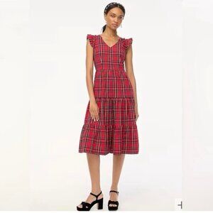 J.Crew Plaid Tartan Flutter Sleeve Midi Dress 8 Holiday Christmas in Red Stewart